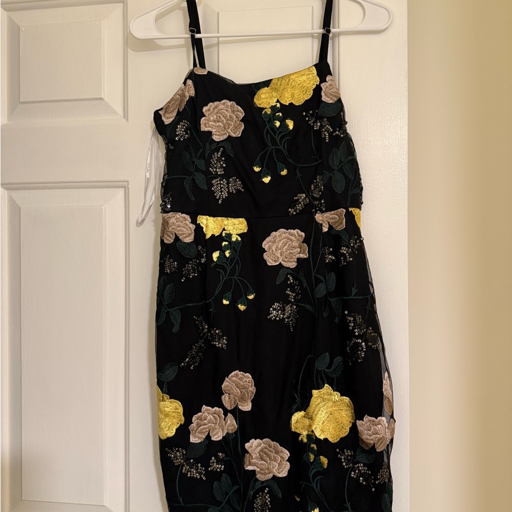 Floral Black Dress with Yellow and Beige Accents